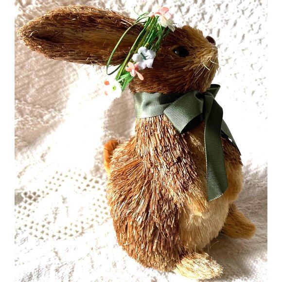 Pier 1 Adorable Straw Bunny With Green Ribbon Bow & Floral Crown Spring - Picture 2 of 7